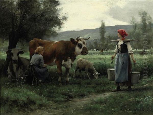 Ricolle Du Lait En Poture: Milking Time Oil Painting by Julien Dupre