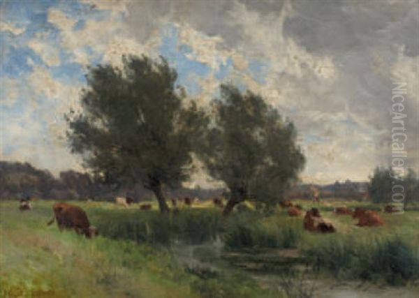 Teichlandschaft Mit Weidenden Kuhen Oil Painting by Julien Dupre