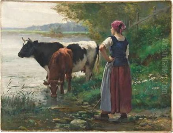 Hirtin Mit Kuhen Am Wasser Oil Painting by Julien Dupre