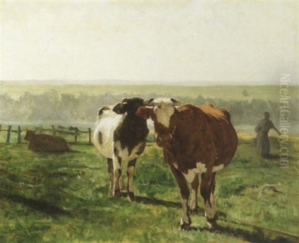 Cows In Pasture With Figure Oil Painting by Julien Dupre