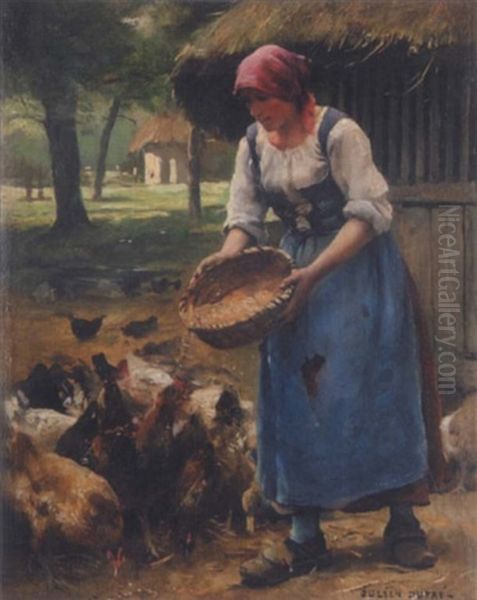 Untitled - Lady Feeding The Chickens Oil Painting by Julien Dupre