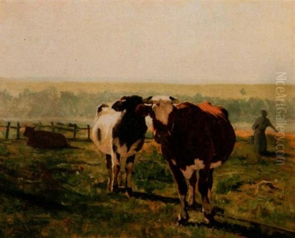 Cows In Pasture Oil Painting by Julien Dupre