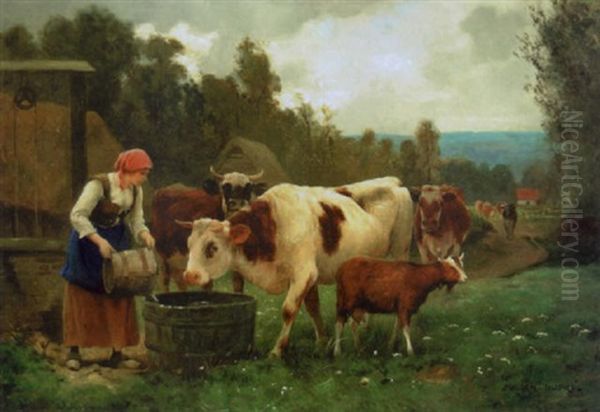 Maiden Watering The Herd Oil Painting by Julien Dupre