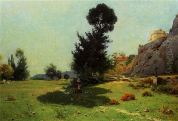 Woman And Child In A Sunny Landscape, Distant Castle Oil Painting by Julien Dupre