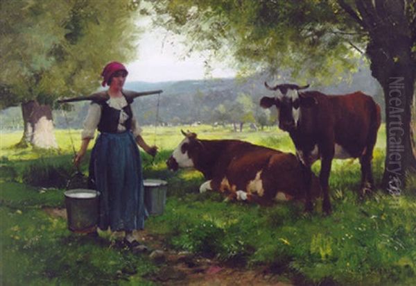 A Milkmaid With Cows In A Spring Landscape Oil Painting by Julien Dupre