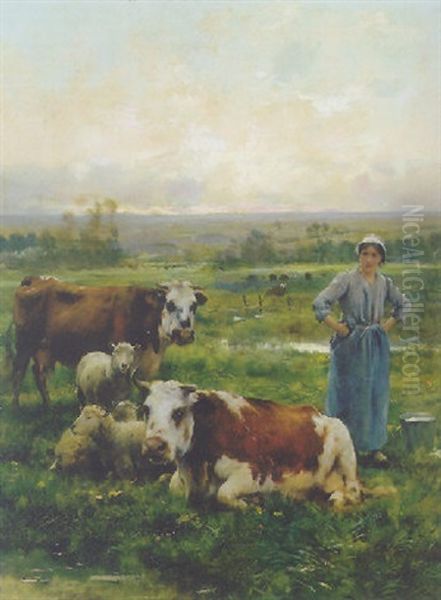 Shepherdess With Cows And Sheep In A Landscape Oil Painting by Julien Dupre