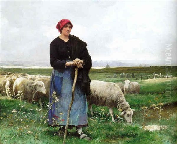 A Shepherdess With Her Flock Oil Painting by Julien Dupre