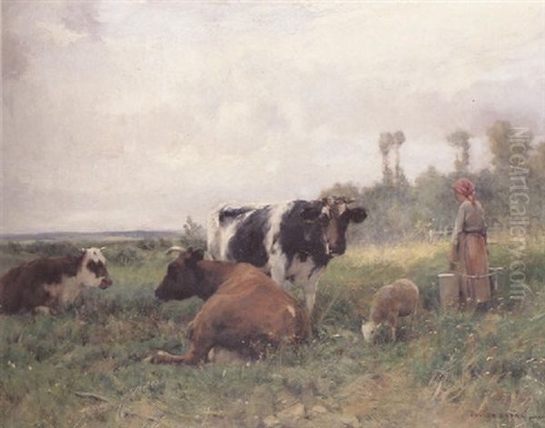 A Milkmaid With Cattle In A Landscape Oil Painting by Julien Dupre