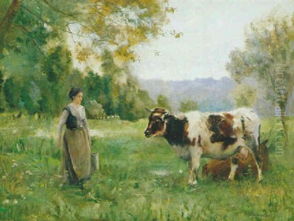 Bauerin Mit Kuhen In Einer Weidelandschaft Oil Painting by Julien Dupre