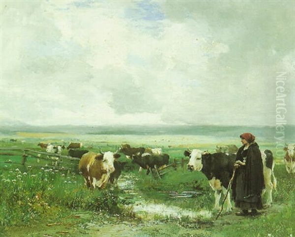 Fresian Cattle With Cowherd Oil Painting by Julien Dupre