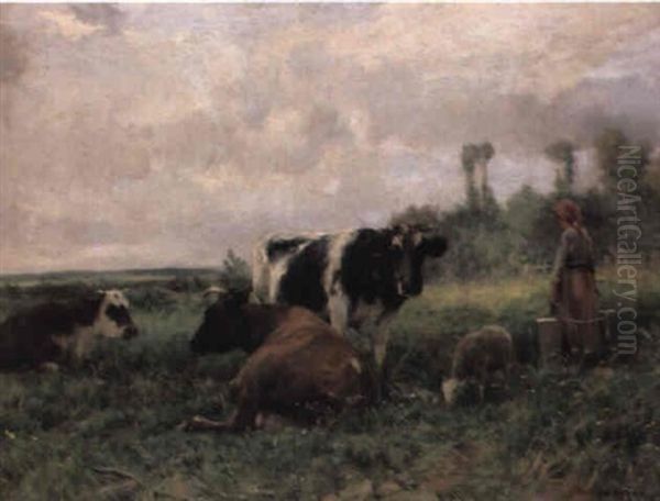 A Milkmaid With Cattle In A Landscape Oil Painting by Julien Dupre