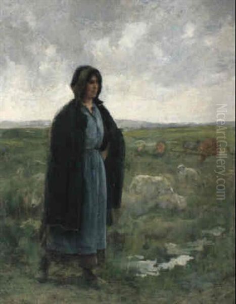 Stehende Hirtin Mit Schafen In Weiter Landschaft Oil Painting by Julien Dupre