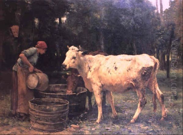 Young Milkmaid With Cattle In A Landscape Oil Painting by Julien Dupre