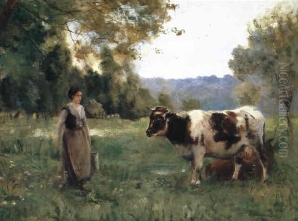 Weidende Kuhe Mit Bauerin Oil Painting by Julien Dupre