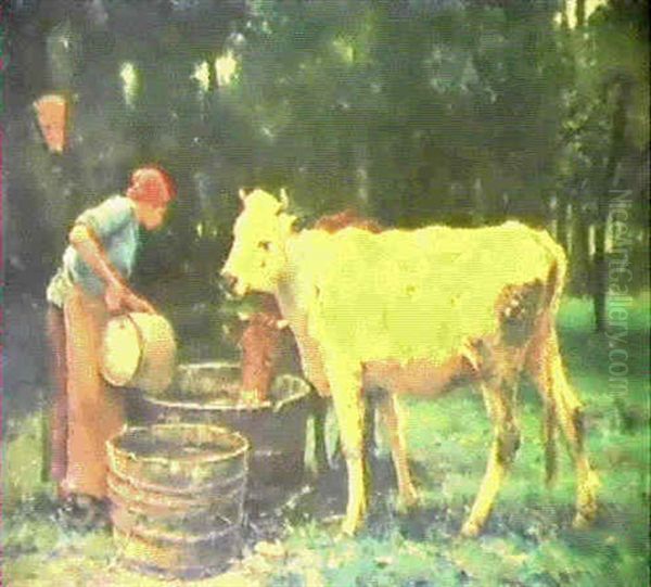 A Young Milkmaid With Cattle In A Landscape Oil Painting by Julien Dupre