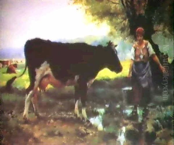 Milkmaid With Cow Oil Painting by Julien Dupre