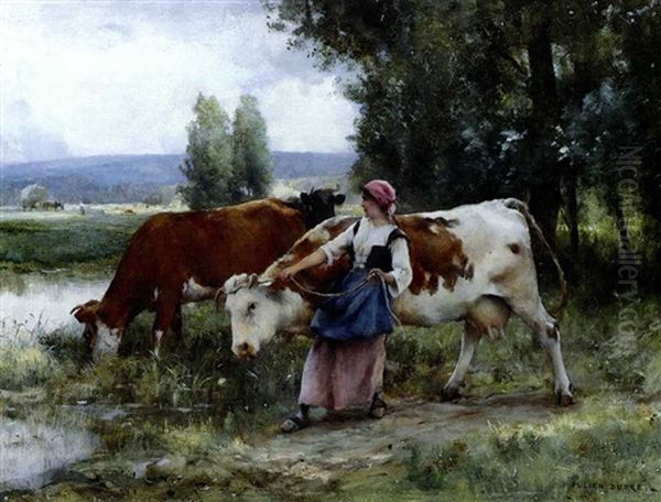 Vachere Menant Ses Vaches A La Riviere Oil Painting by Julien Dupre