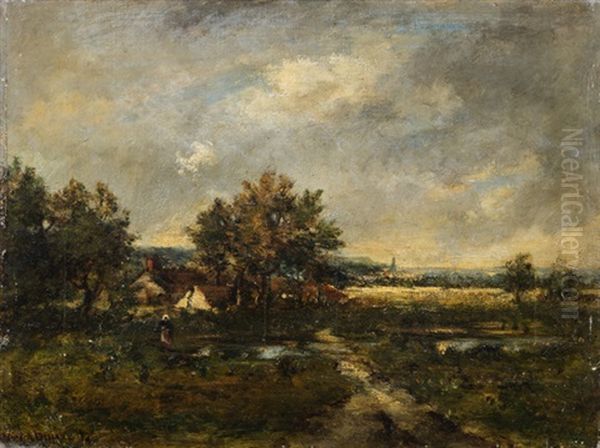 Wolkenverhangene Landschaft Mit Bauernhausern Oil Painting by Leon Victor Dupre