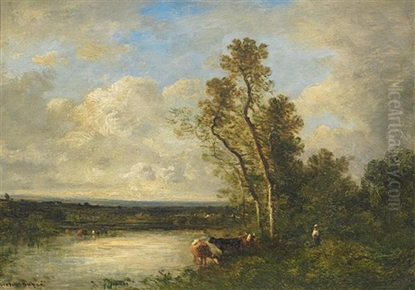 Weite Landschaft Mit Kuhen Am Wasser Oil Painting by Leon Victor Dupre