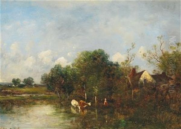 Cows Near A Watering Place Oil Painting by Leon Victor Dupre