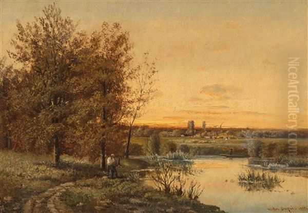 Flusslandschaft Mit Anglern Oil Painting by Leon Victor Dupre