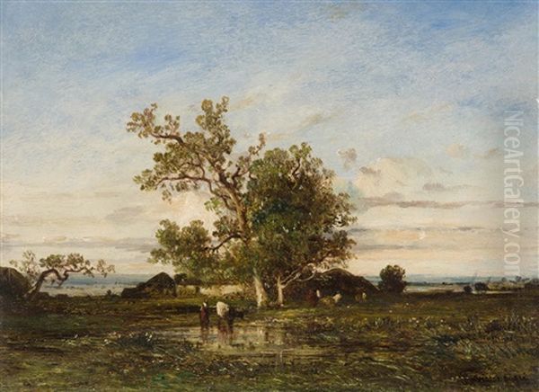 Landschaft Mit Kuhen An Der Tranke Oil Painting by Leon Victor Dupre