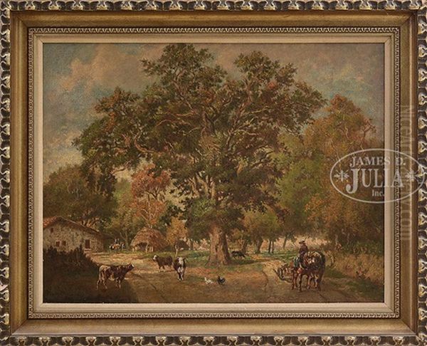 French Farmyard With Cows And Horse Drawn Plow Oil Painting by Leon Victor Dupre