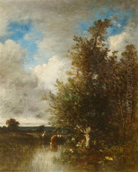 Cows In A Landscape With A River Oil Painting by Leon Victor Dupre