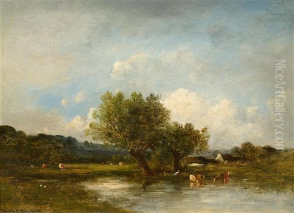 Cattle At A Pond Oil Painting by Leon Victor Dupre