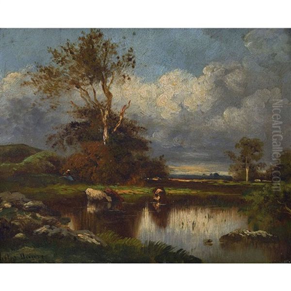 Weiher Mit Trinkenden Kuhen Oil Painting by Leon Victor Dupre