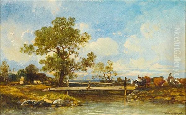 Sommertag Auf Dem Land Mit Weidenden Kuhen, Malerischem Baum Und Gehoft In Flusslandschaft Oil Painting by Leon Victor Dupre