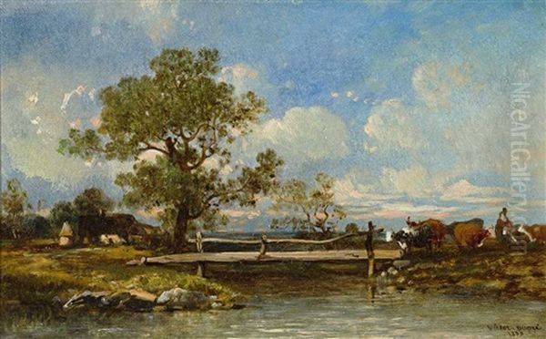 Sommertag Auf Dem Land Mit Weidenden Kuhen, Malerischem Baum Und Gehoft In Flusslandschaft Oil Painting by Leon Victor Dupre