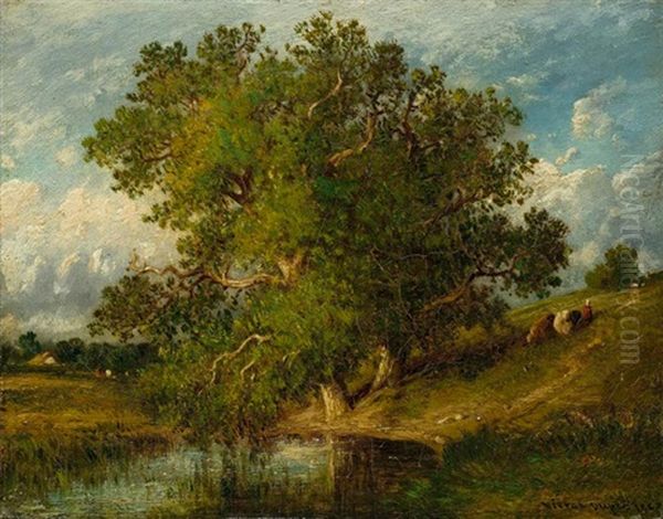 Grosser Baum Vor Einer Teichlandschaft Oil Painting by Leon Victor Dupre