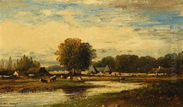 Landscape With Farm Houses And Cattle Oil Painting by Leon Victor Dupre