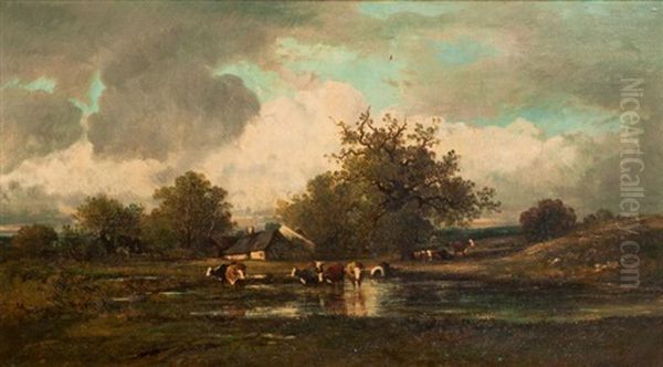 Troupeau De Vaches Pres D'une Mare Oil Painting by Leon Victor Dupre