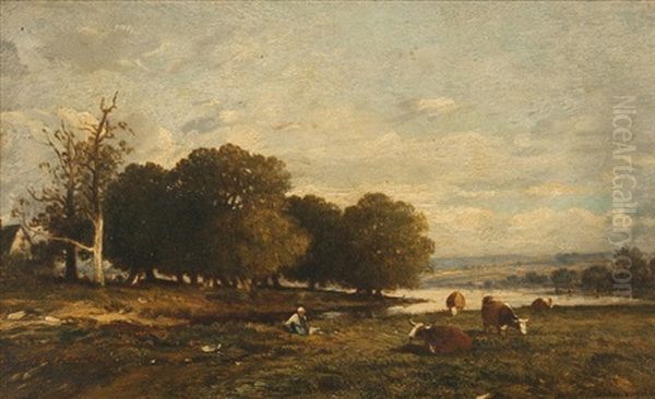 Landscape With Cows Oil Painting by Leon Victor Dupre