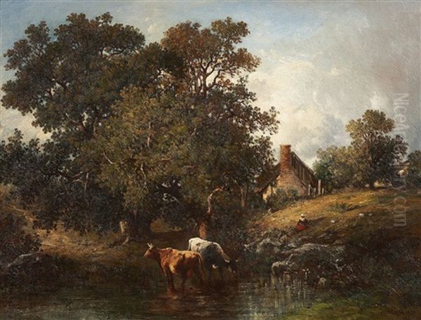 Cattle In The Water Oil Painting by Leon Victor Dupre