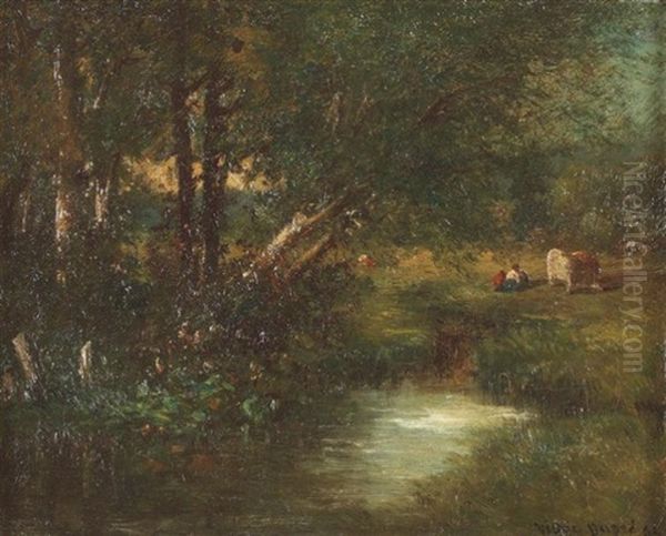 Paturage Au Bord De La Mare En Foret Oil Painting by Leon Victor Dupre