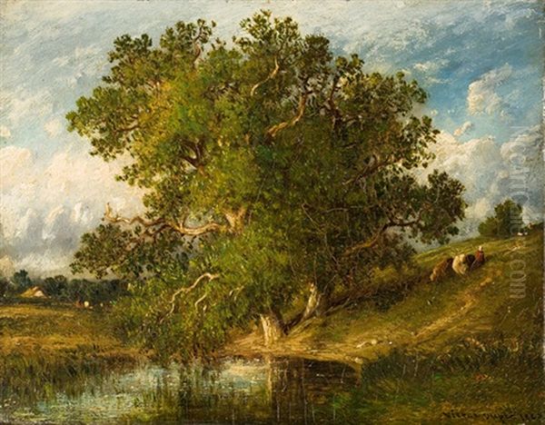 Sommerliche Teichlandschaft Mit Hirtin Oil Painting by Leon Victor Dupre