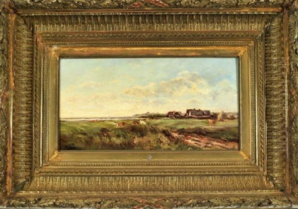 Weidelandschaft In Der Normandie, Mit Kuhen Und Dorf Im Hintergrund by Leon Victor Dupre