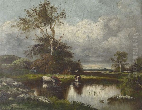 Trinkende Kuhe In Einem Weiher Oil Painting by Leon Victor Dupre