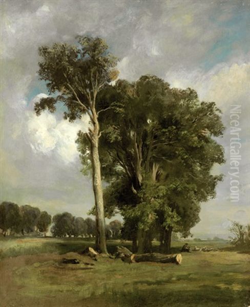 Sommerliche Wiesenlandschaft Mit Eichengruppe, Rechts Davon Hirte Mit Schafen Oil Painting by Leon Victor Dupre