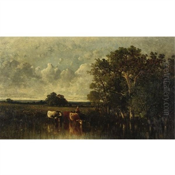 Cattle Watering At A Pond Oil Painting by Leon Victor Dupre