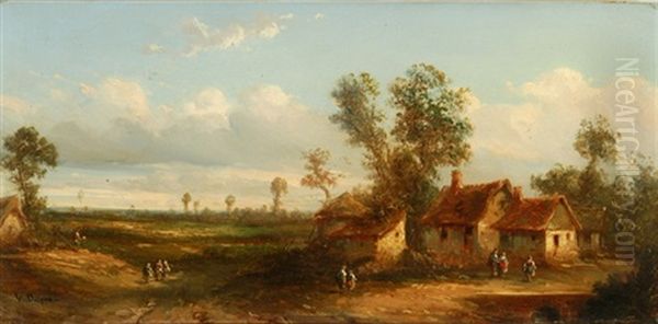 Landschaft Mit Bauernhausern Und Figurenstaffage Oil Painting by Leon Victor Dupre