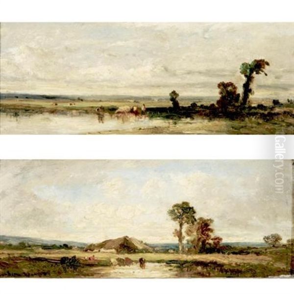 Landscape With Cattle (+ Another Similar; Pair) Oil Painting by Leon Victor Dupre