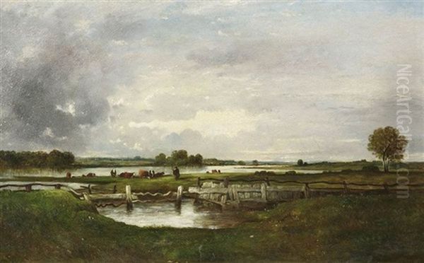 Weite Franzosische Fluslandschaft Mit Einem Kuhhirten Am Ufer Oil Painting by Leon Victor Dupre