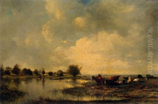 Landschaft Mit Kuhen An Einem Weiher Oil Painting by Leon Victor Dupre