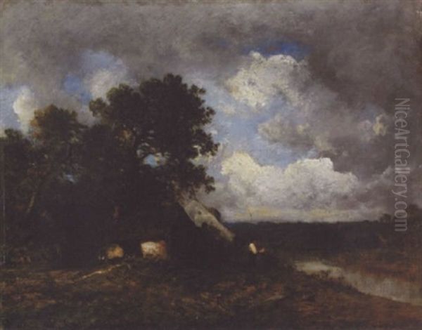 Deux Paysans Au Bord De La Riviere Pres D'une Ferme Oil Painting by Leon Victor Dupre