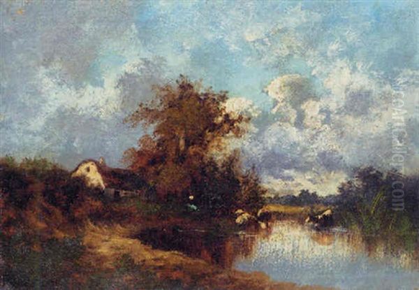 A Cottage By A Pond Oil Painting by Leon Victor Dupre