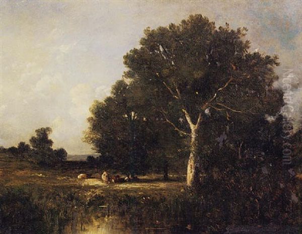 River Landscape With Cattle Oil Painting by Leon Victor Dupre